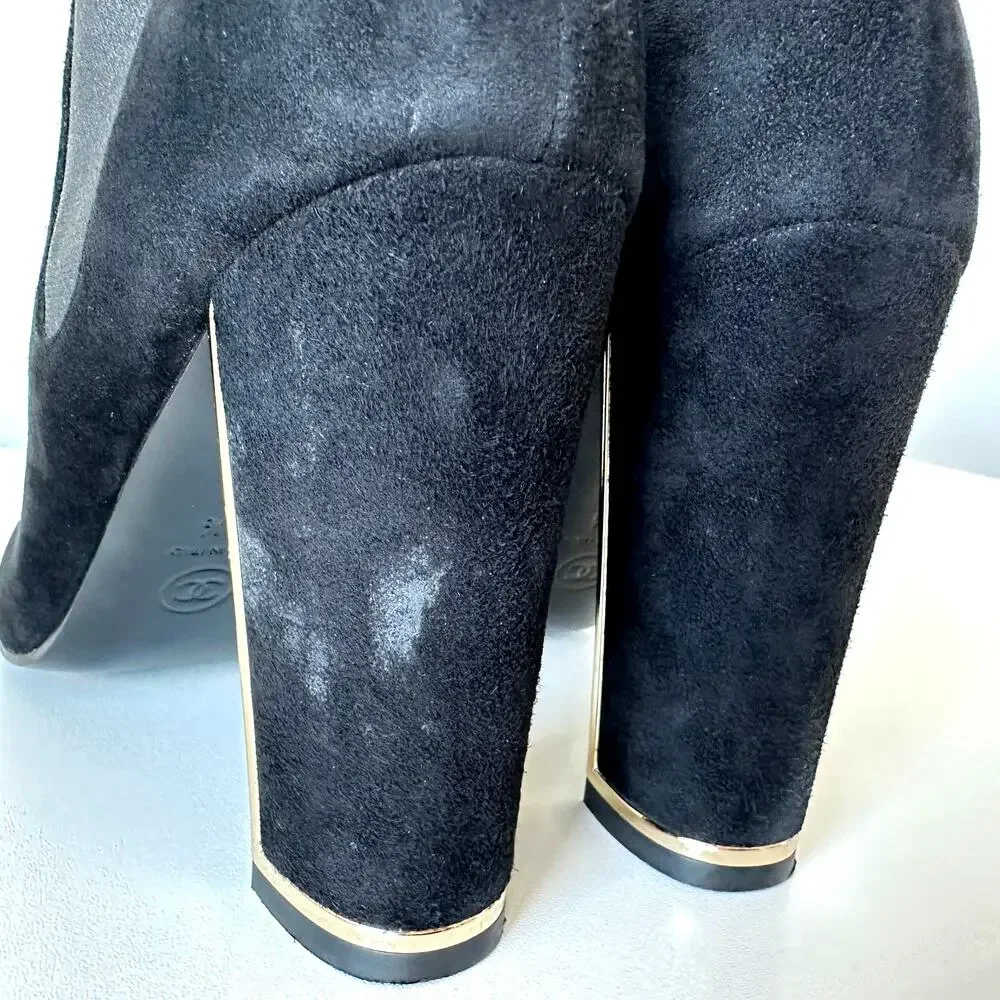 CHANEL Black Suede Gold Logo Chelsea Heel Ankle Boots IT 39.5